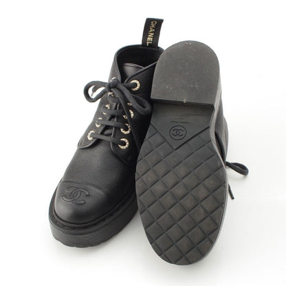 Chanel 20B Leather Pearl Decoration CC Logo Lace-up Short Boots Ankle Black — view 5