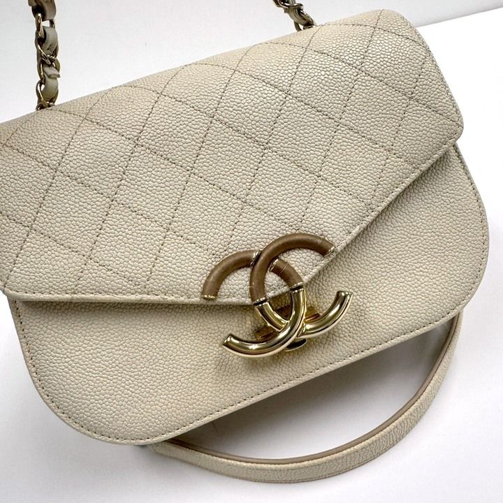 Chanel CC Logo Top Handle 2-Way Bag Caviar Leather Ivory — view 3