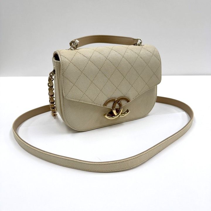Chanel CC Logo Top Handle 2-Way Bag Caviar Leather Ivory