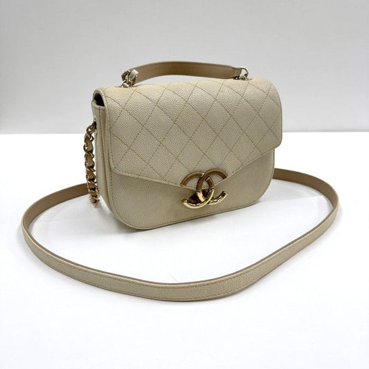 Chanel CC Logo Top Handle 2-Way Bag Caviar Leather Ivory