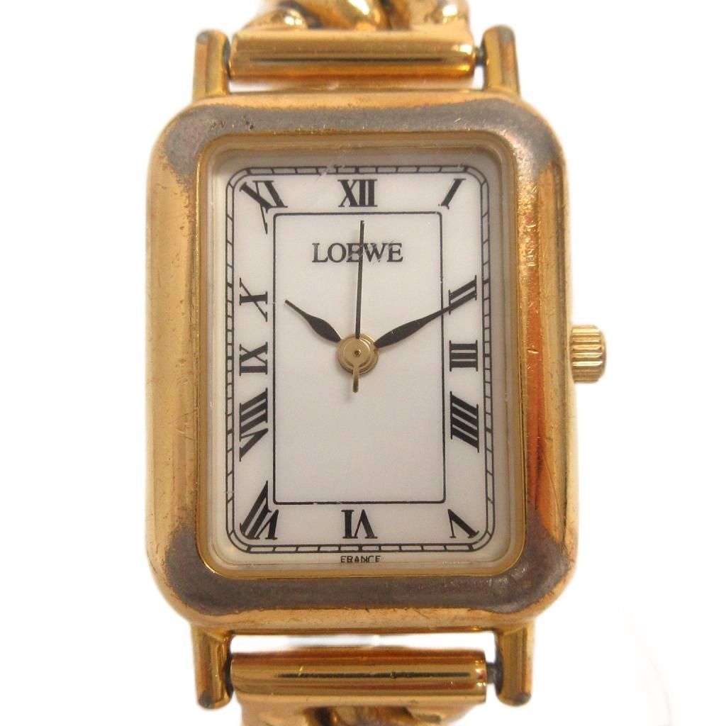 Loewe Vintage Watch Bracelet Square 3 Needle Analog Quartz Dial White Gold