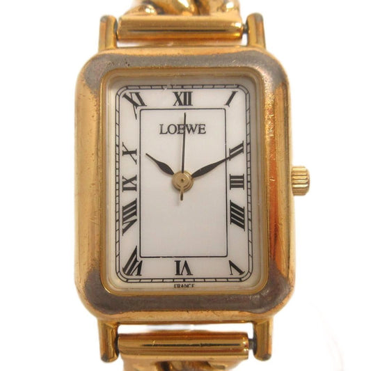 Loewe Vintage Watch Bracelet Square 3 Needle Analog Quartz Dial White Gold