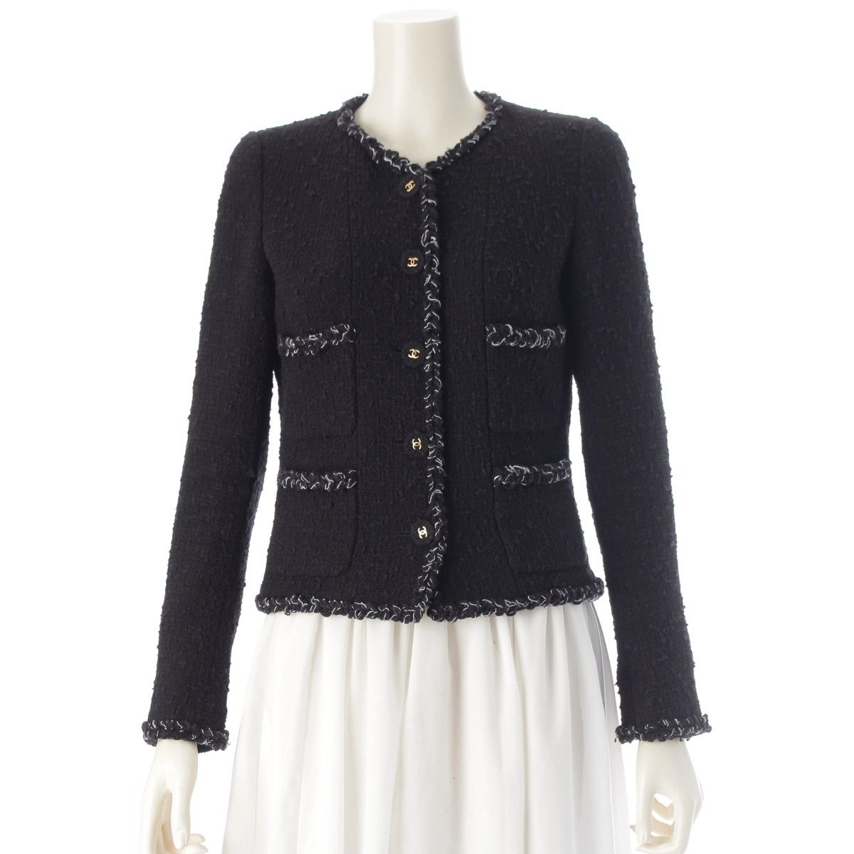 Chanel 07P Tweed Coco Buttons Collarless Jacket Black 34