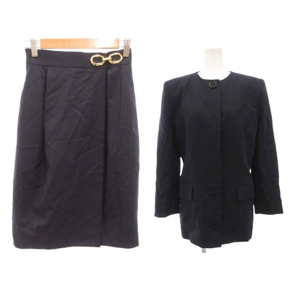 Dior Set Collarless Jacket Pencil Skirt Knee-Length Wool Gold Navy S
