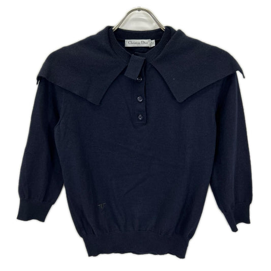 Dior Navy Cashmere Silk Bee Embroidery Sailor Color Half Button Knit Pullover
