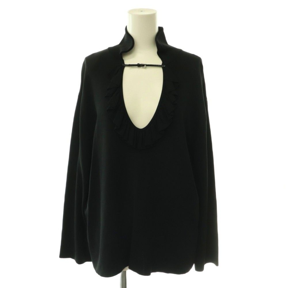 Gucci Gathered Ruffle V-neck Blouse Pullover Long Sleeve Black Sweater L