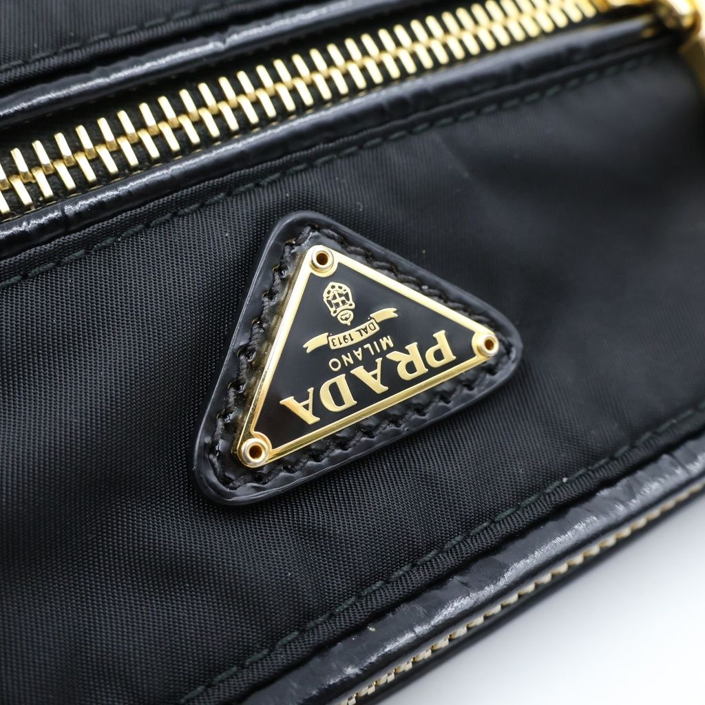 Prada Pouch Handbag Triangle Logo Black Nylon Gold — view 7