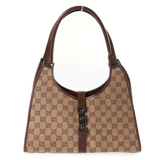 Gucci Jackie GG Canvas Handbag Beige Brown Leather Gold