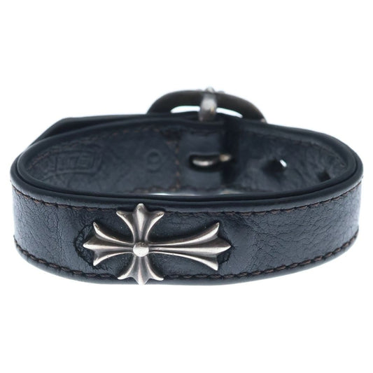 Chrome Hearts Gunslinger Tiny CH Cross Decoration Leather Bracelet Black Silver