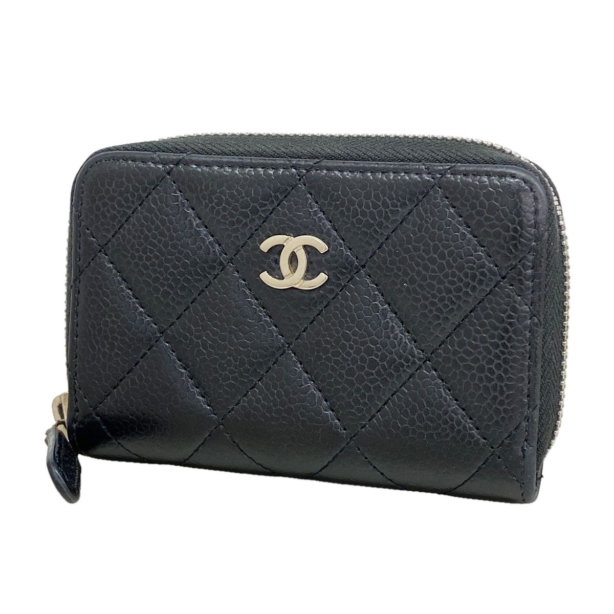 Chanel Coin Purse Quilted Caviar Leather Black Silver