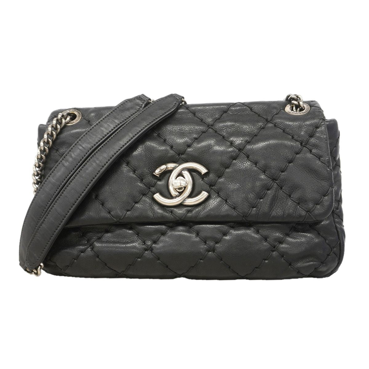 Chanel Shoulder Bag Wild Stitch Leather Black Silver