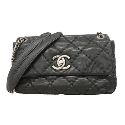 Chanel Shoulder Bag Wild Stitch Leather Black Silver