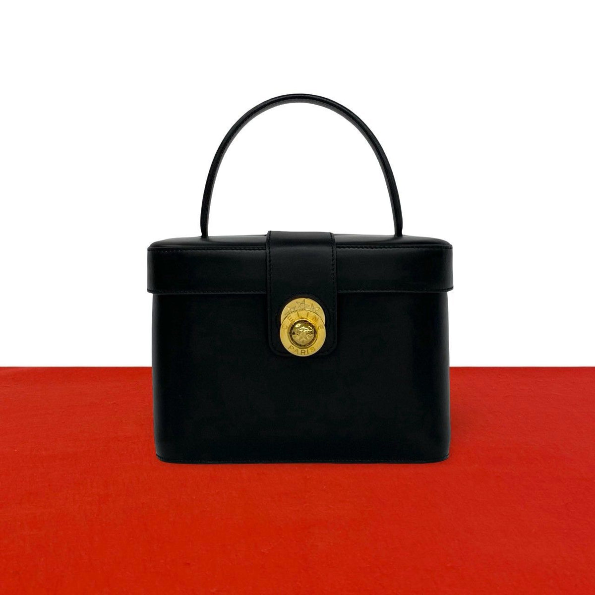 Celine Vintage Star Ball Logo Leather Handbag Vanity Bag Black