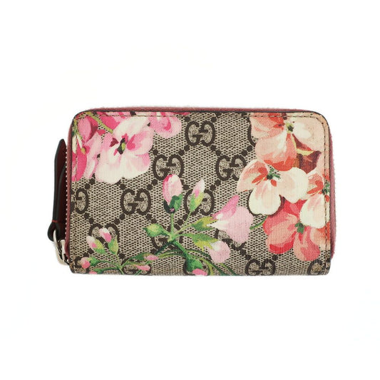 Gucci GG Blooms Coin Purse Wallet Pink Beige Silver Leather Floral