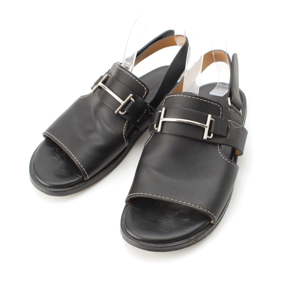 Hermes Leather H Strap Sandals Black