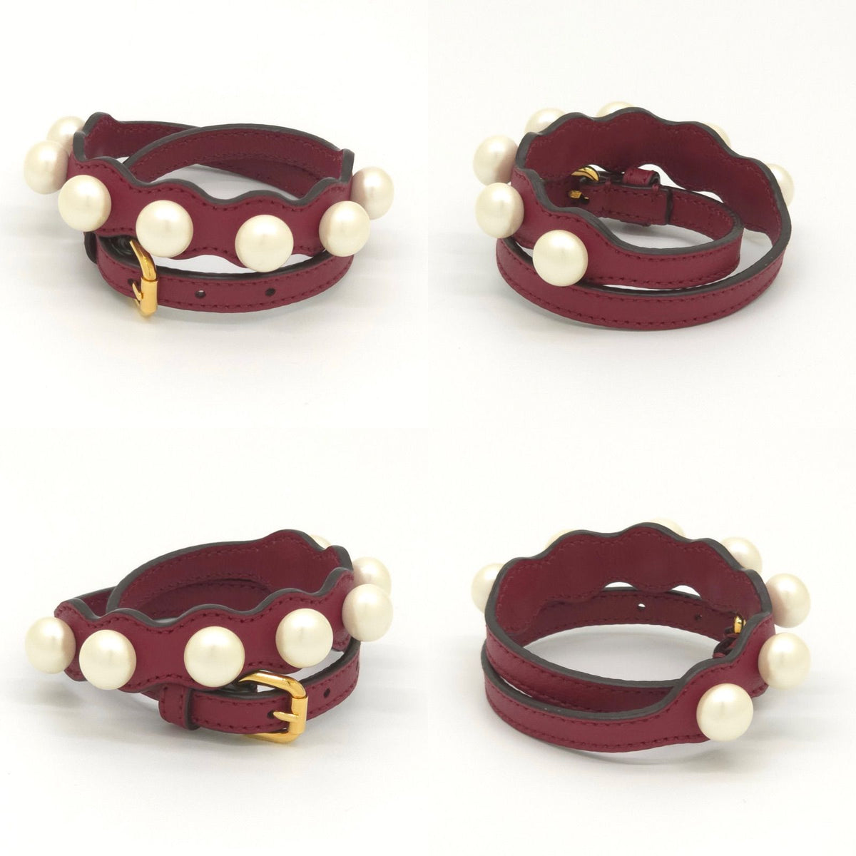 Fendi Pearl Double Wrap Leather Bracelet S Faux Bordeaux Wine Red Color Gold — view 2