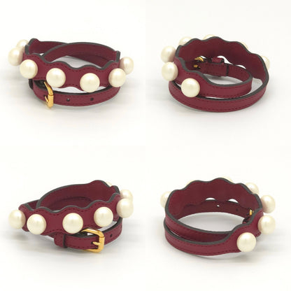 Fendi Pearl Double Wrap Leather Bracelet S Faux Bordeaux Wine Red Color Gold — view 2