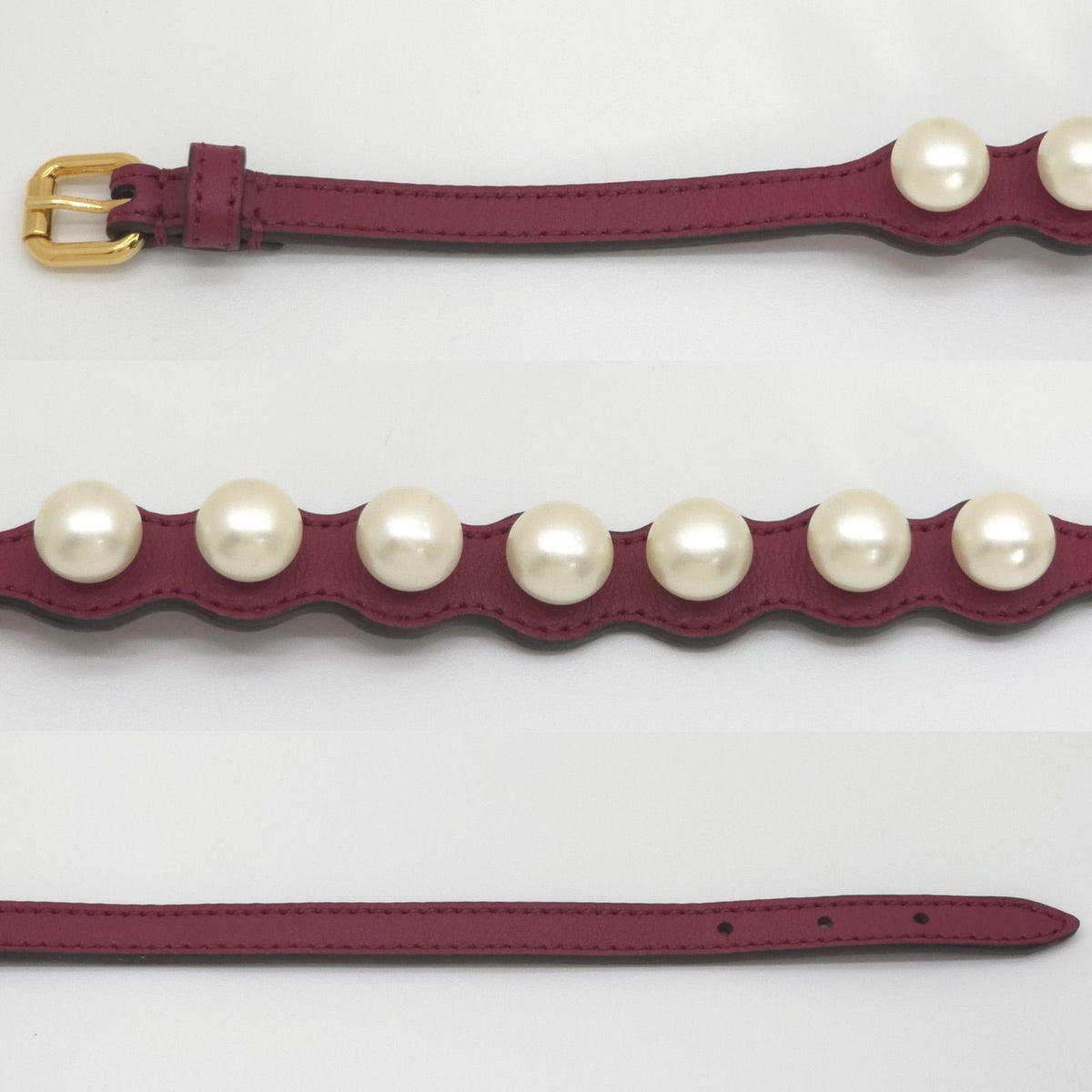 Fendi Pearl Double Wrap Leather Bracelet S Faux Bordeaux Wine Red Color Gold — view 3