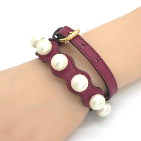 Fendi Pearl Double Wrap Leather Bracelet S Faux Bordeaux Wine Red Color Gold