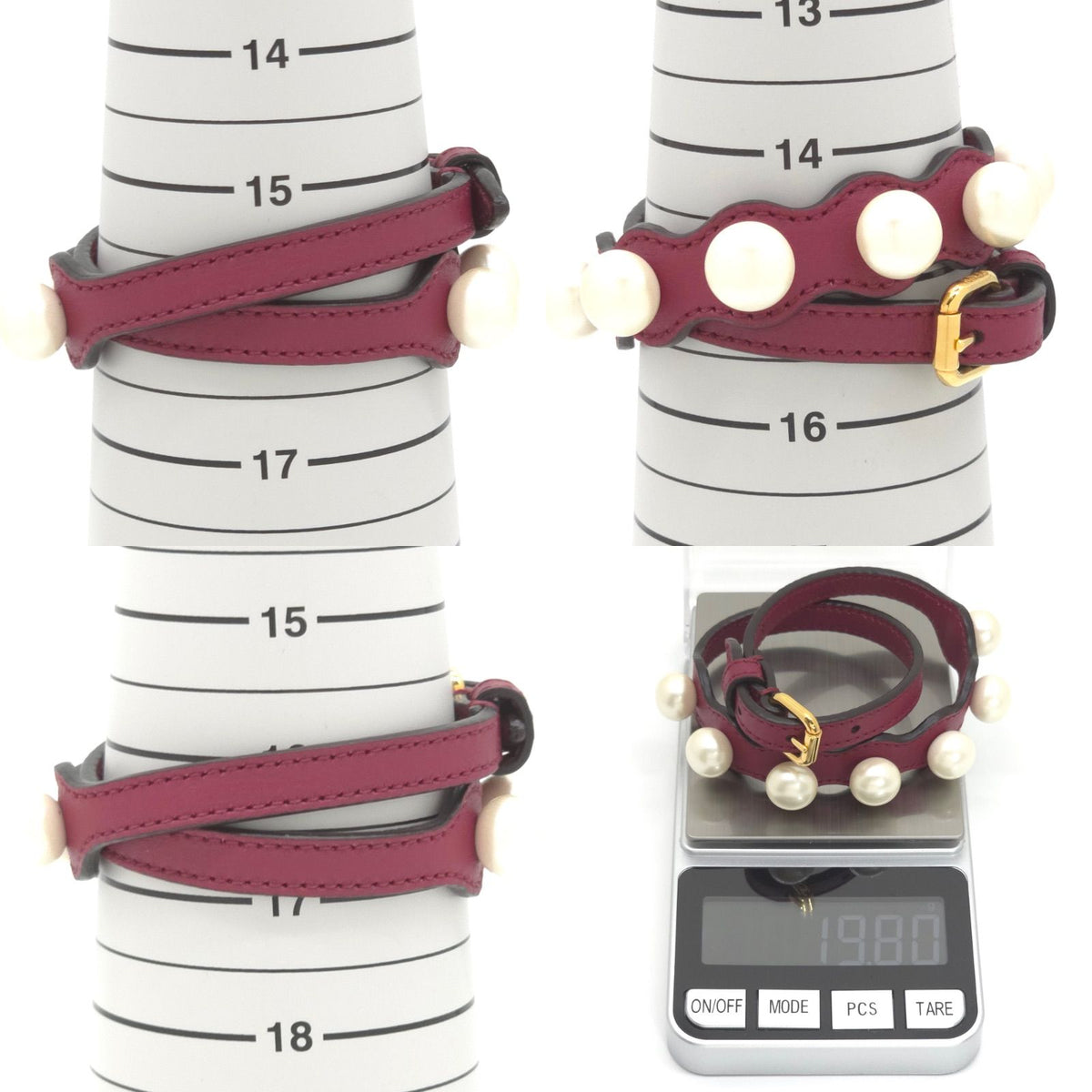 Fendi Pearl Double Wrap Leather Bracelet S Faux Bordeaux Wine Red Color Gold — view 8