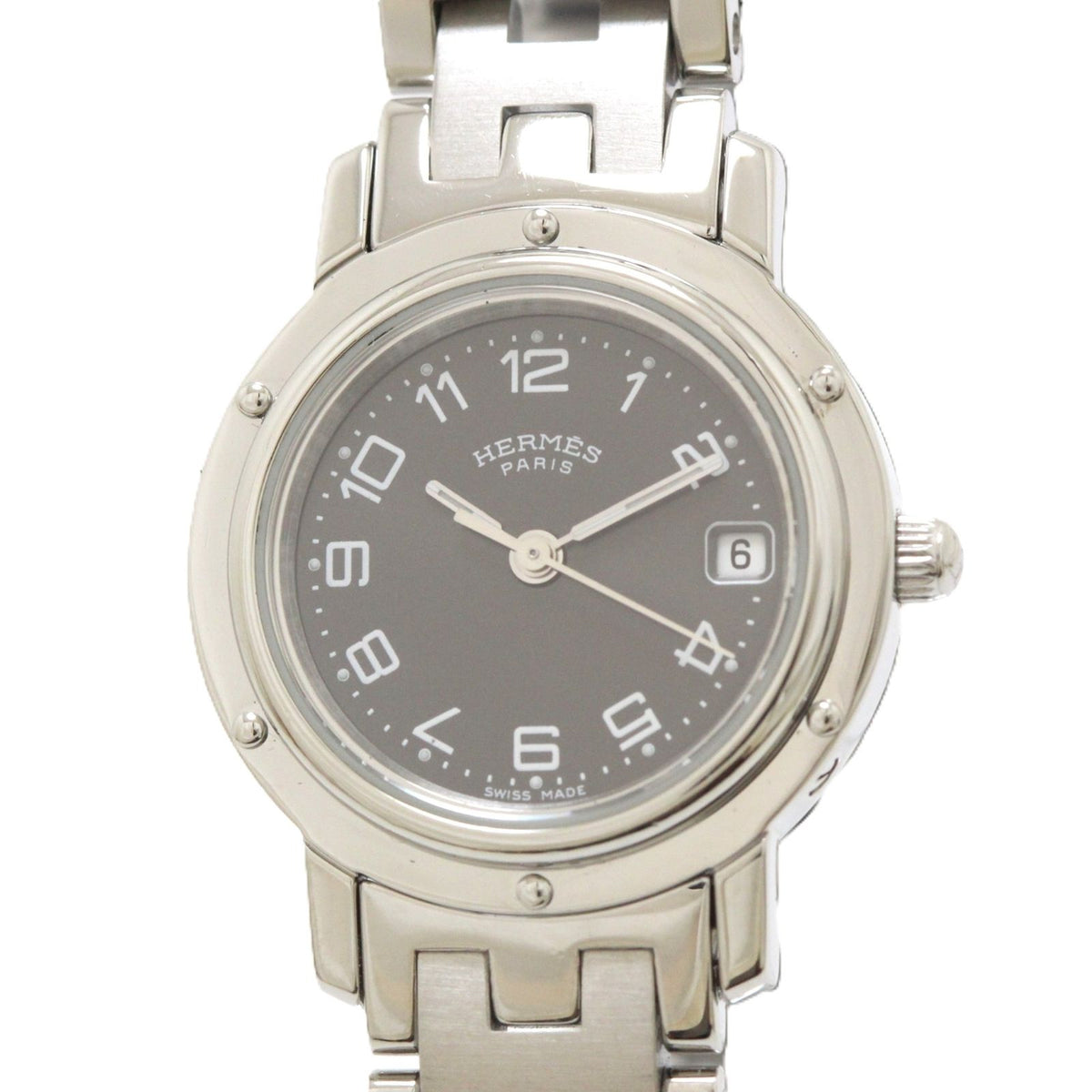 Hermes Clipper Watch SS Stainless Steel Gray Arabic Dial Quartz