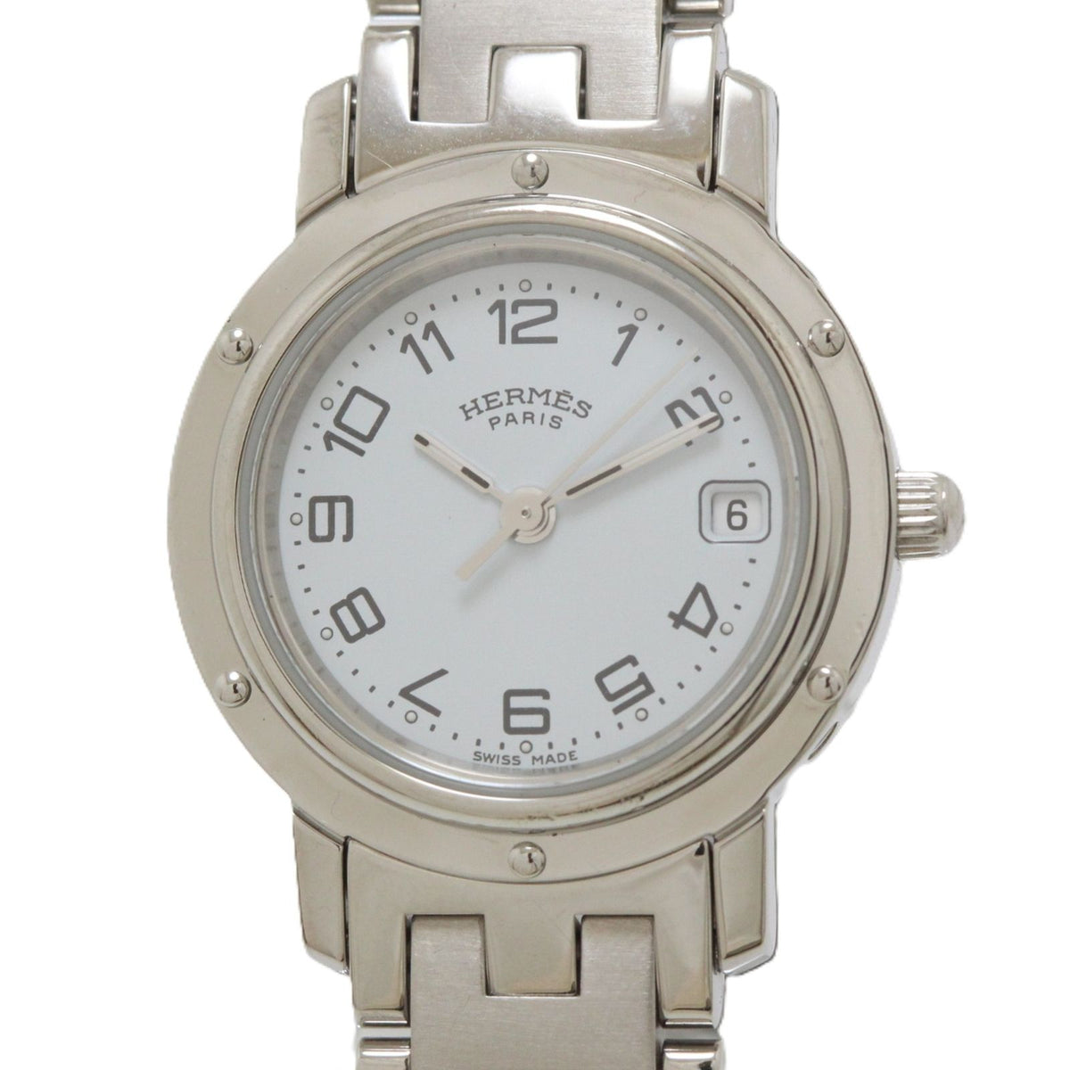 Hermes Clipper Watch SS Stainless Steel White Arabdial Quartz