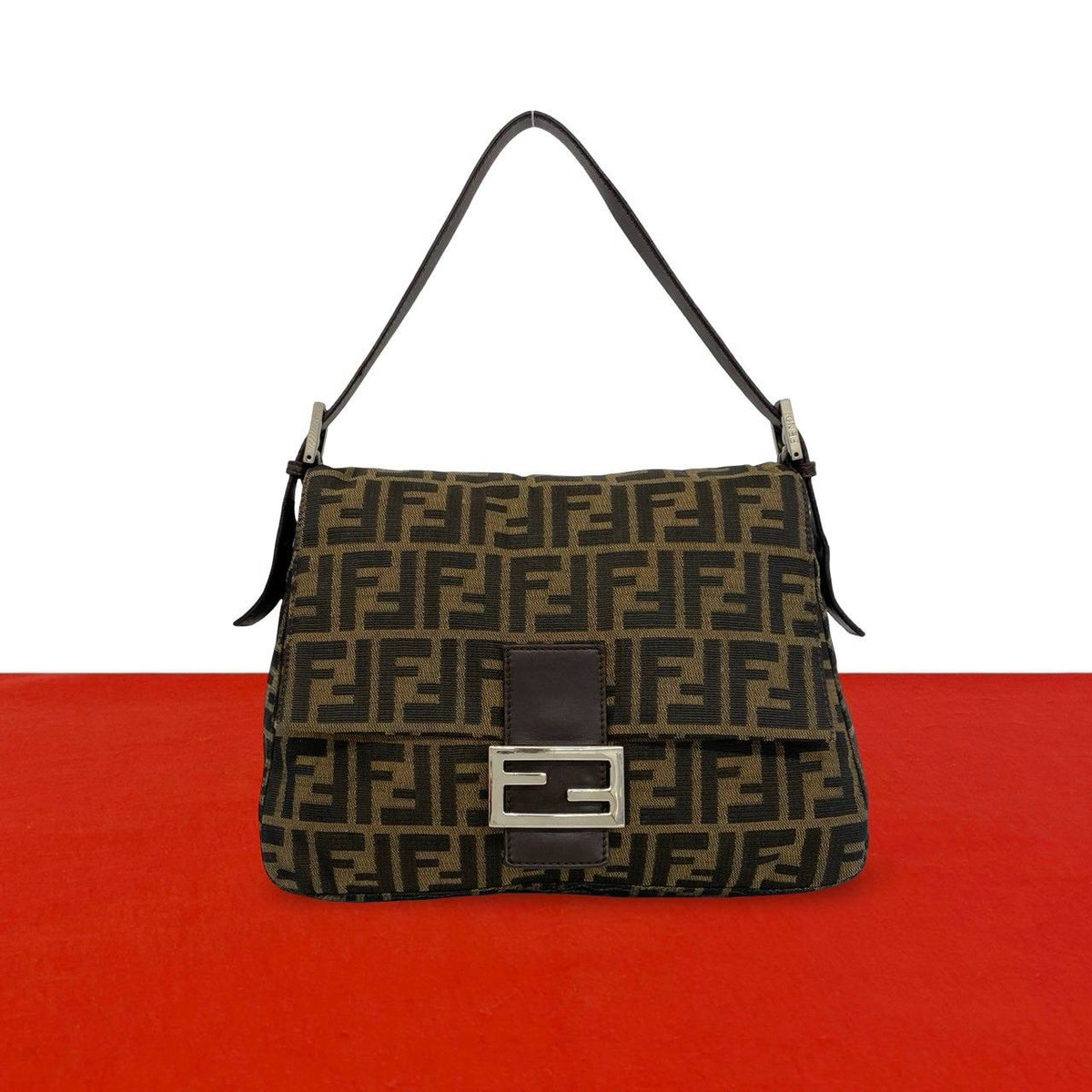 Fendi Vintage Zucca FF Logo Canvas Leather Semi Bag Brown