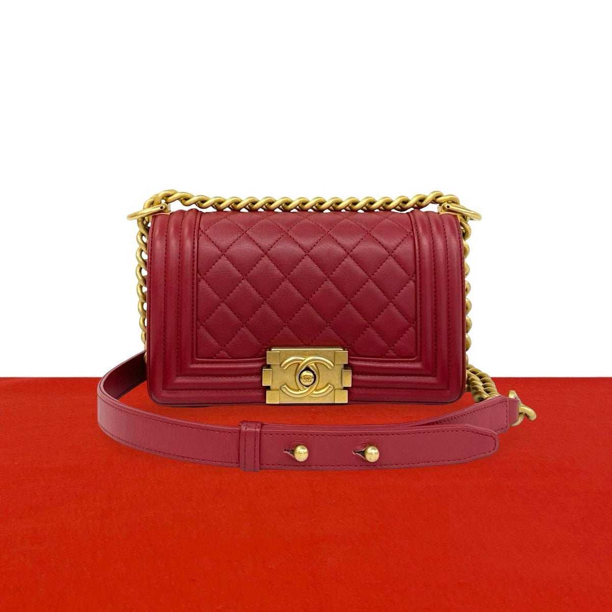 Chanel Boy Quilted CC Logo Lambskin 2-Way Shoulder Bag Red