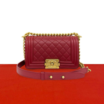 Chanel Boy Quilted CC Logo Lambskin 2-Way Shoulder Bag Red