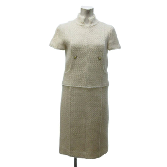 Chanel 04A Tweed Dress Long Length Short Sleeve Wool Angora Blend Ivory 36