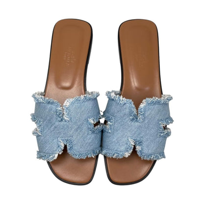 Hermes Sandals Oran 36.5 Denim Fringe Maxi Leather Blue Cler — view 5