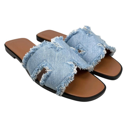 Hermes Sandals Oran 36.5 Denim Fringe Maxi Leather Blue Cler — view 2