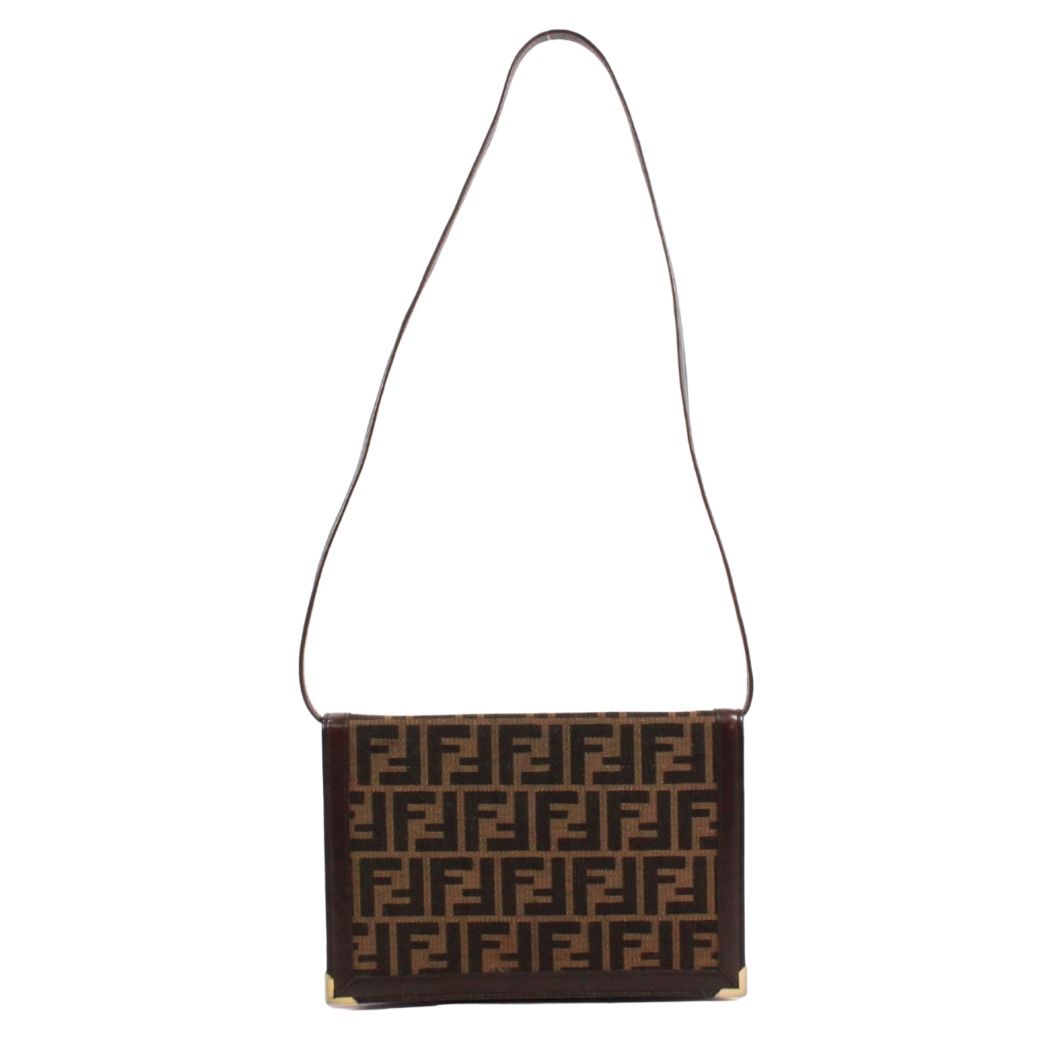 Fendi Zucca Vintage Leather Canvas Brown Shoulder Bag Gold