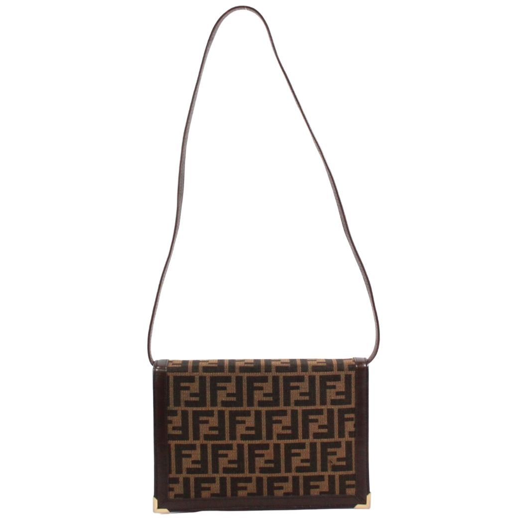 Fendi Zucca Vintage Leather Canvas Brown Shoulder Bag Gold — view 3