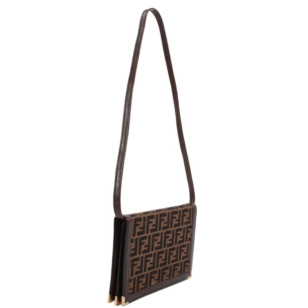 Fendi Zucca Vintage Leather Canvas Brown Shoulder Bag Gold — view 2
