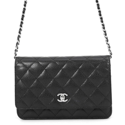 Chanel Chain Wallet Quilted CC Logo Caviar Leather Black Shoulder Bag