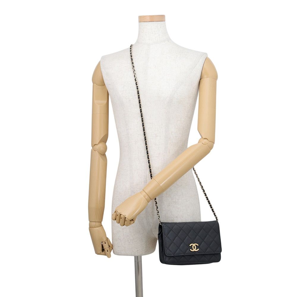 Chanel Chain Wallet Quilted CC Logo Caviar Leather Black Shoulder Bag — view 4