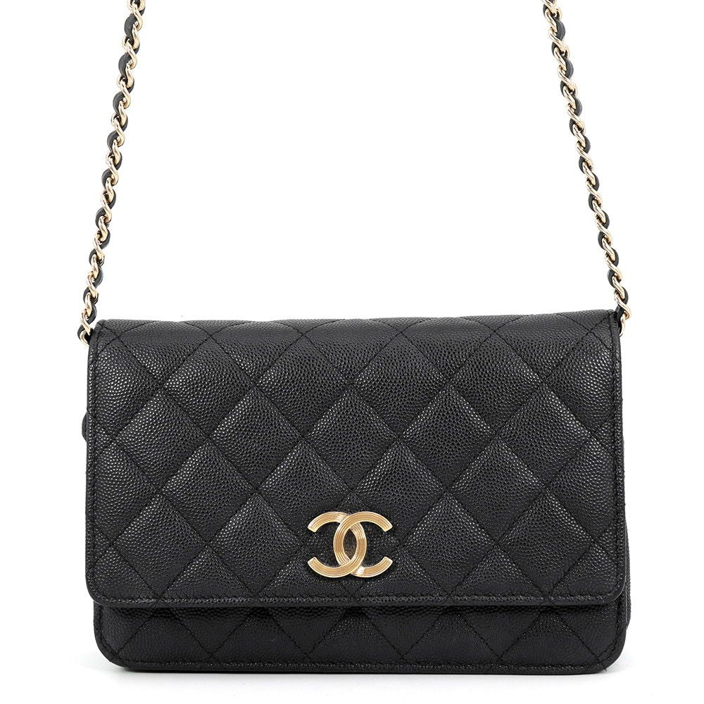 Chanel Chain Wallet Quilted CC Logo Caviar Leather Black Shoulder Bag