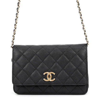 Chanel Chain Wallet Quilted CC Logo Caviar Leather Black Shoulder Bag