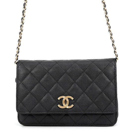 Chanel Chain Wallet Quilted CC Logo Caviar Leather Black Shoulder Bag