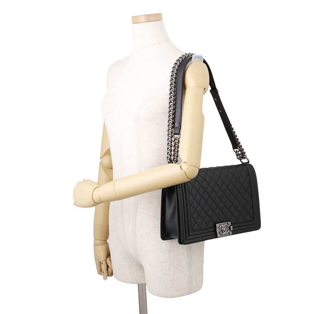 Chanel Chain Shoulder Bag Boy Large Quilted CC Logo Caviar Leather Black — view 4