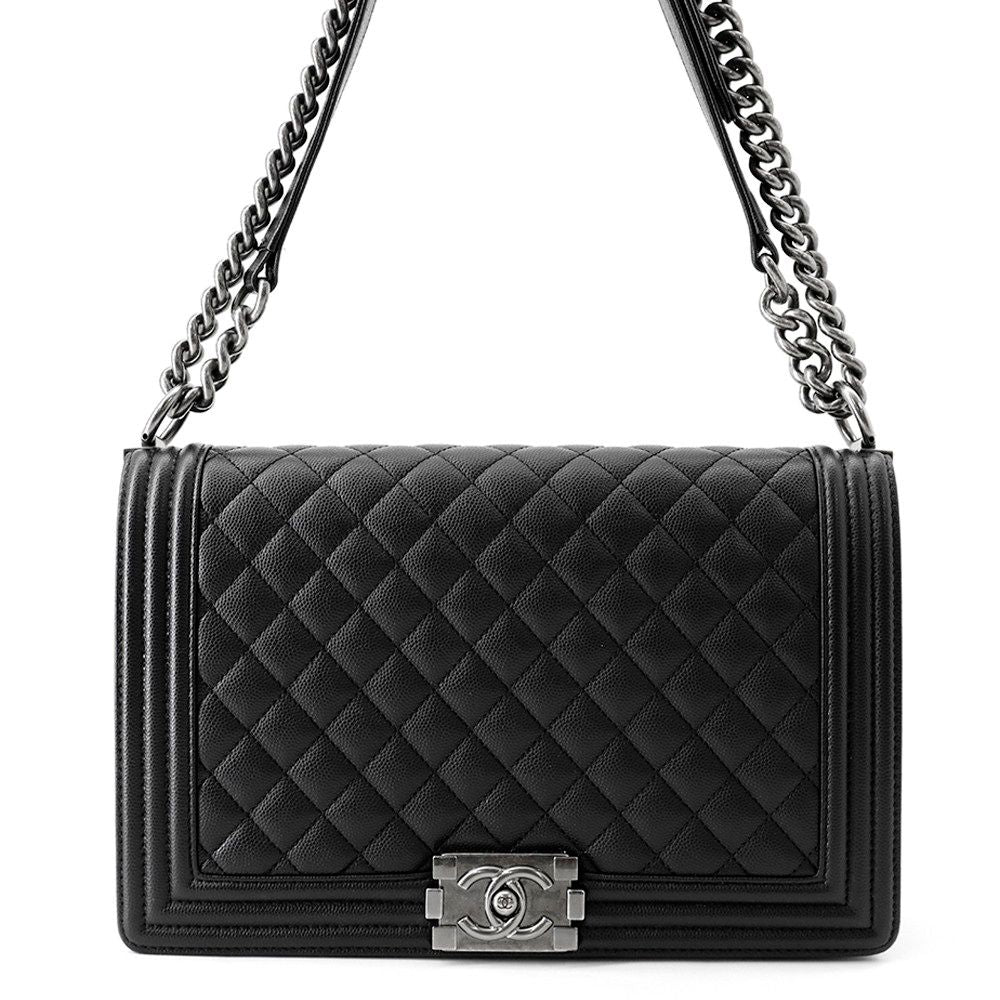 Chanel Chain Shoulder Bag Boy Large Quilted CC Logo Caviar Leather Black