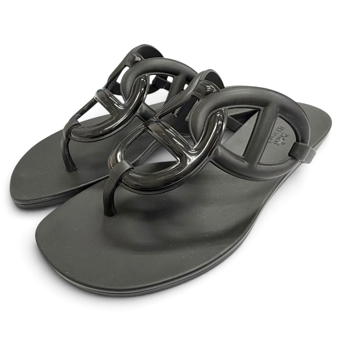 Hermes Chaine D'ancre Motif Rubber Flat Sandals Black
