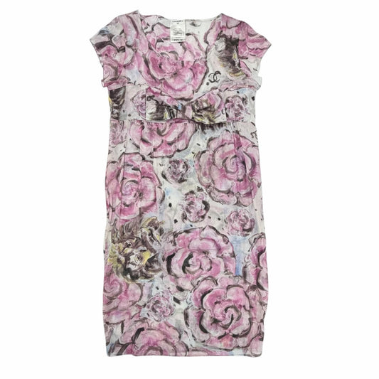 Chanel 09P Cotton 100% CC Logo Camellia Print with Ribbon Dress 34