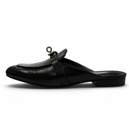 Hermes Oz Chevre Silver Kelly Buckle Mules Black — view 5
