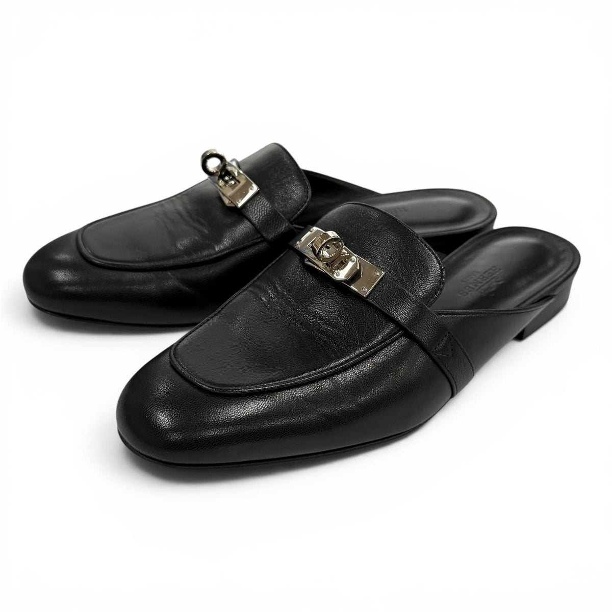 Hermes Oz Chevre Silver Kelly Buckle Mules Black