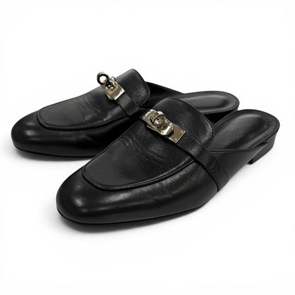 Hermes Oz Chevre Silver Kelly Buckle Mules Black