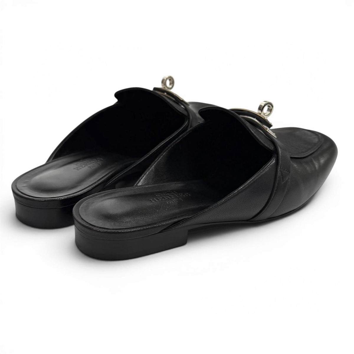 Hermes Oz Chevre Silver Kelly Buckle Mules Black — view 3