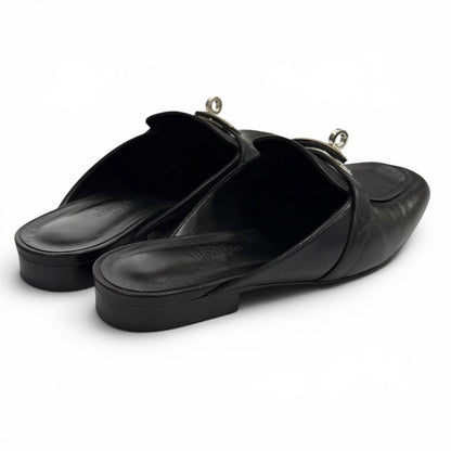 Hermes Oz Chevre Silver Kelly Buckle Mules Black — view 3