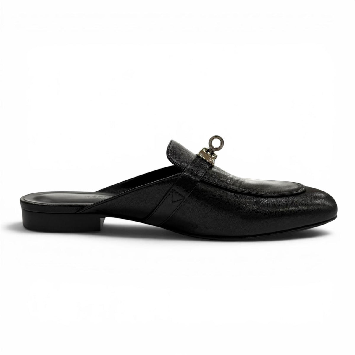 Hermes Oz Chevre Silver Kelly Buckle Mules Black — view 6